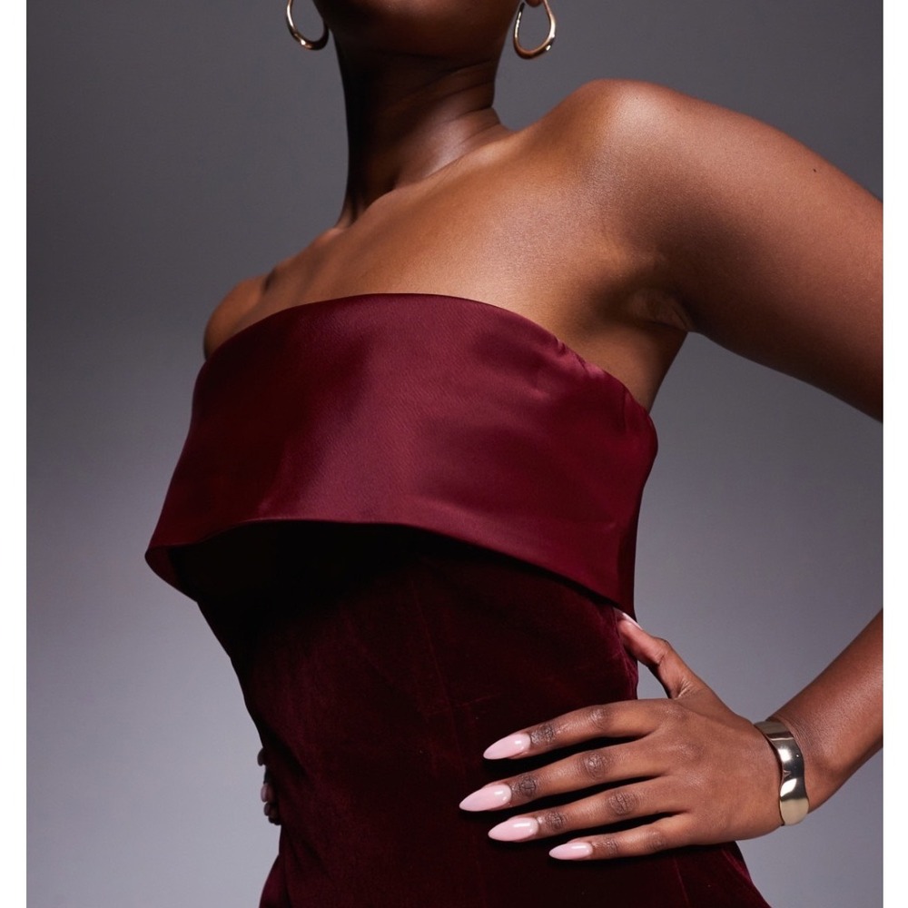 Murci Burgundy Velvet Strapless Mini Dress Satin Trim A-Line Cocktail Maroon 6 - Picture 3 of 6